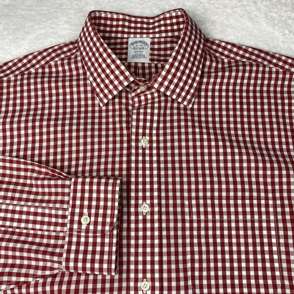 Brooks Brothers Dress Shirt Mens 17-35 Red/White Checks Regent‎ No Iron